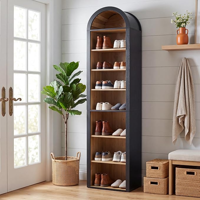 Turtle&Myrtle Tall Narrow Arched Bookshelf, 8-Tier Skinny Arch Bookcase for Small Space, Freestanding Storage Organizer with Adjustable Shelves, Open Display Shelves for Living Room, Entryway (Black)
