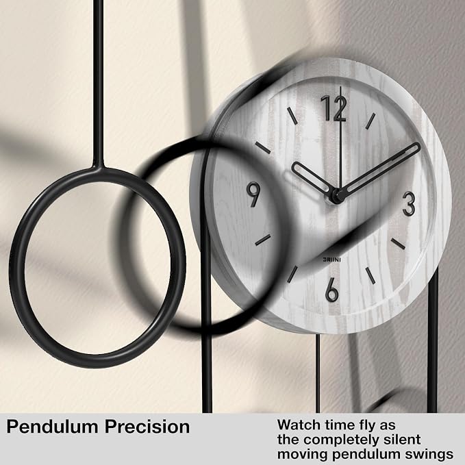 Driini Decorative Wall Clock with Pendulum (White) – Modern Wood, 3D Gold Numbers, Metal Frame – Small, Unique Wall Clocks for Living Room Decor or Bathroom - Battery Operated, Silent, Non-Ticking