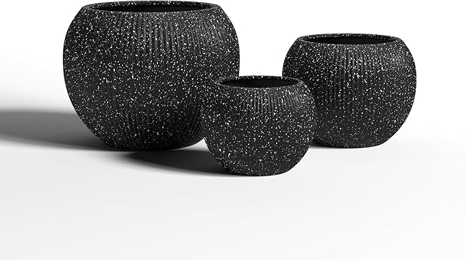 DTY Signature Mount Sherman Modern Indoor Outdoor Fiberstone Sphere Planter, Durable Round Garden Pot, Weather Resistant, Drainage Hole & Rubber Plug,Planter for Christmas Tree (Ribbed Black, Large)