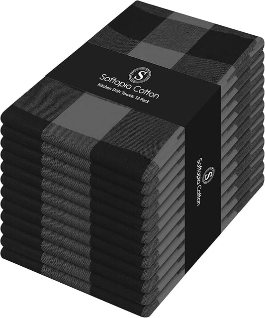 12 Pack Light Grey and Black Buffalo Check Kitchen Towels, 16"x26", Plaid Dish Towels, Absorbent Cotton Cloths for Drying Hands, Cleaning Spills, Farmhouse Kitchen Décor, Holiday