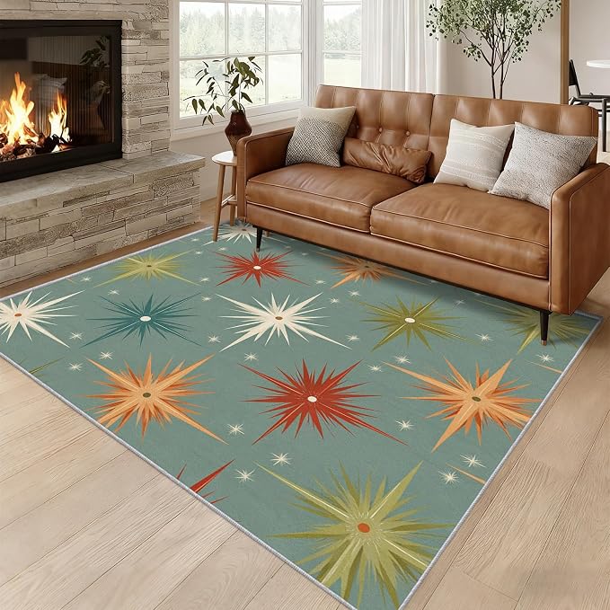 Mid Century Modern Rugs for Living Room Decor, 6x9 ft, Retro Atomic Geometric Area Rugs for Bedroom, Soft Non Slip Washable 1950s MCM Starburst Carpet Home Decorations D-g48