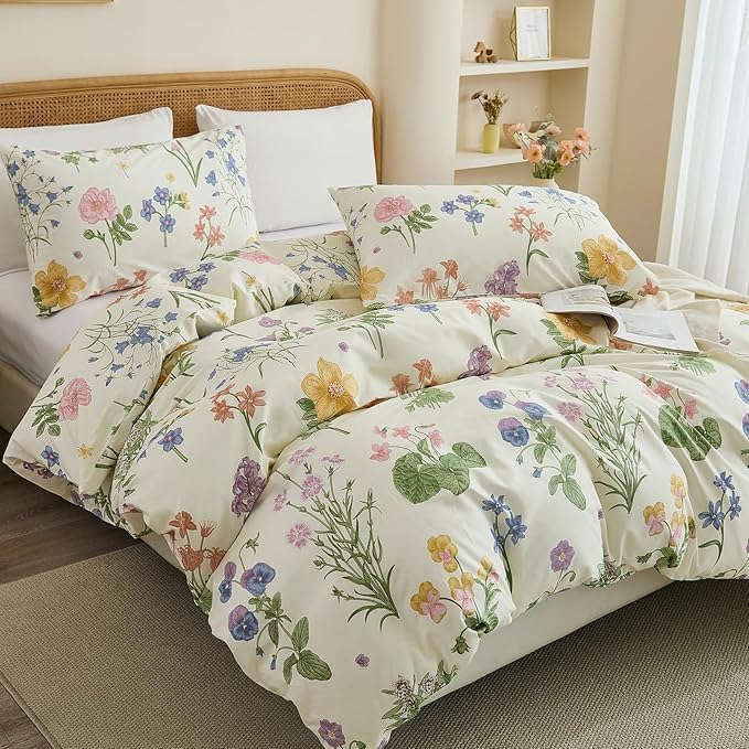 100% Cotton Duvet Cover Queen Size – Botanical Garden Print, Green Floral Duvet Cover Set with Zipper Closure, 3-Piece Soft Breathable Natural Cotton Bedding Set for All Seasons