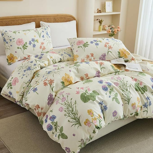 100% Cotton Duvet Cover Queen Size – Botanical Garden Print, Green Floral Duvet Cover Set with Zipper Closure, 3-Piece Soft Breathable Natural Cotton Bedding Set for All Seasons