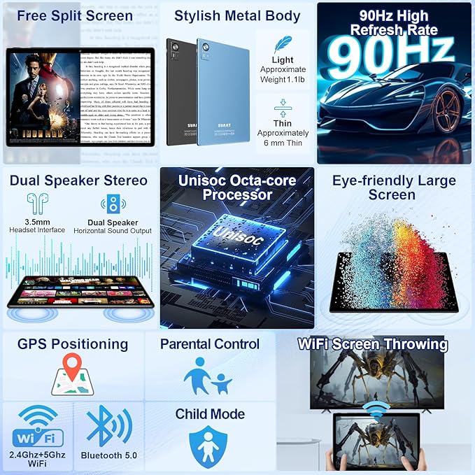 SUAAT Android 15 Tablet 30GB RAM 128GB ROM 1TB Expand, 10.1 Inch Tablets with Keyboard Mouse, Octa-Core, 8000mAh, HD IPS Display, 5G WiFi BT 5.0 GPS, Widevine L1, Gemini AI, Dual Camera - Blue