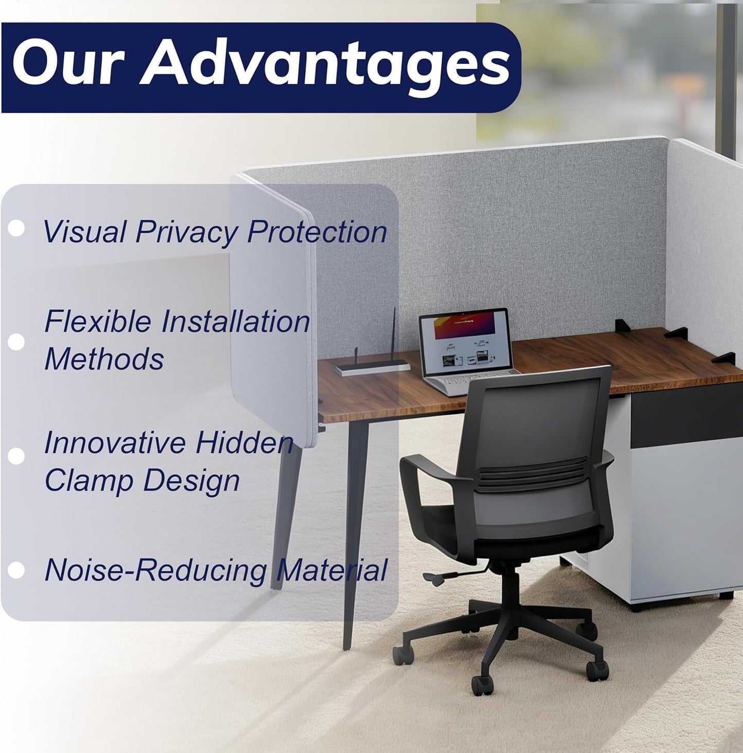 Skiennix Desk Privacy Panel - 24 x 24 Inch Sound Absorbing Divider | Gray Acoustic Back Partition