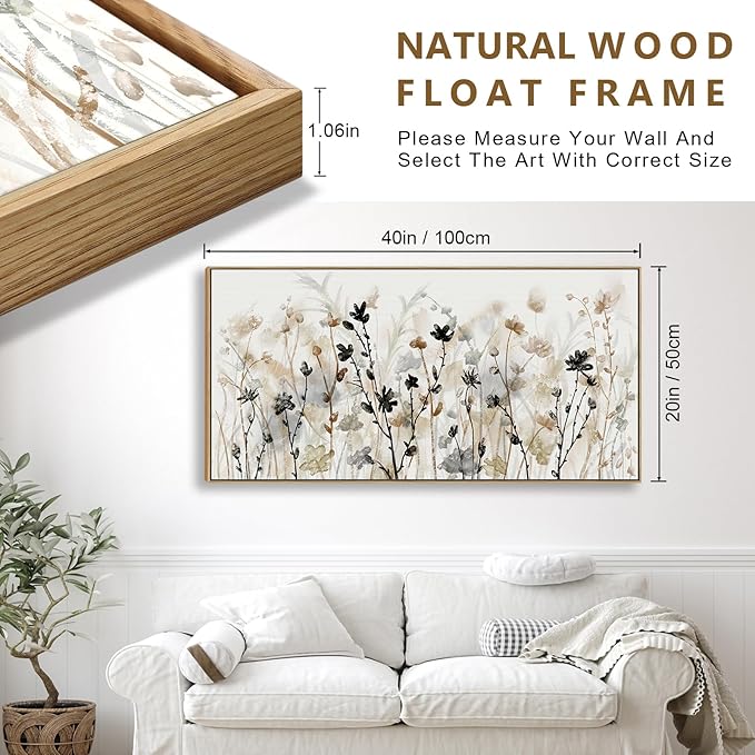Framed Floral Wall Art Abstract Grey Cream White Grass Flowers Canvas Pictures Modern Landscape Painting Botanical Artwork for Living Room Bedroom Kitchen Office Wall Decor Ready to Hang 20" x 40"