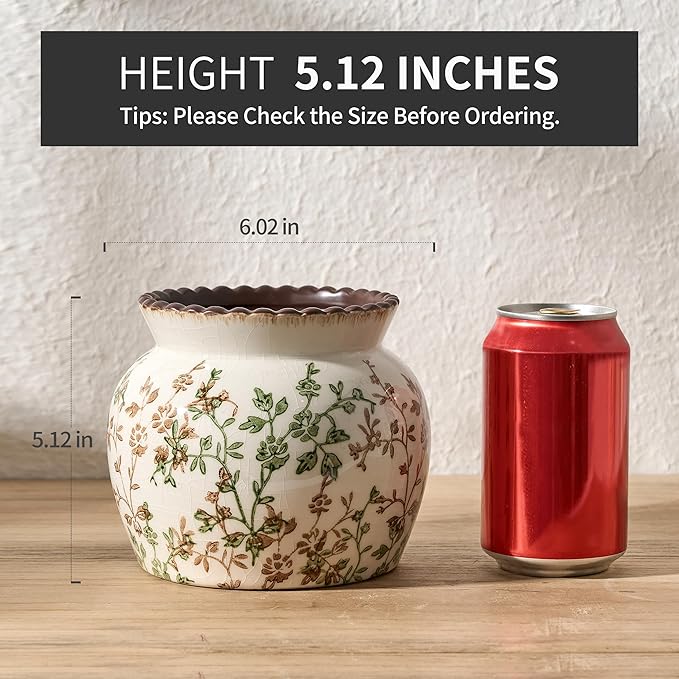 SIDUCAL Ceramic Green and Beige Vase with Wide Mouth Lace, 4.84 Inch Cracked Chinoiserie Rustic Farmhouse Vases, Pastoral Retro Vase for Home Decor, Table, Living Room, Bathroom, Shelf, Wedding