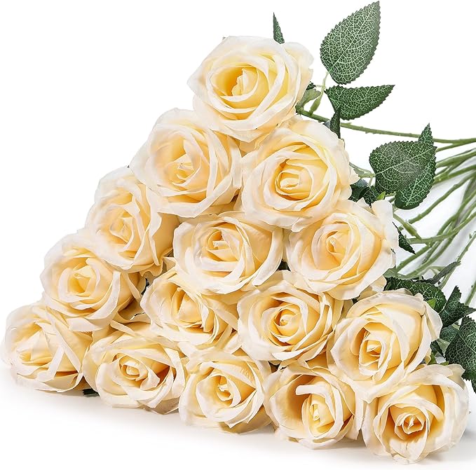 Hotop 20 Pcs Artificial Rose Flowers with Long Stem,Real Touch Silk Realistic Plastic Bouquet Roses Bulk for Home Decor Bridal Wedding Party Table Centerpieces Decorations(Champagne)
