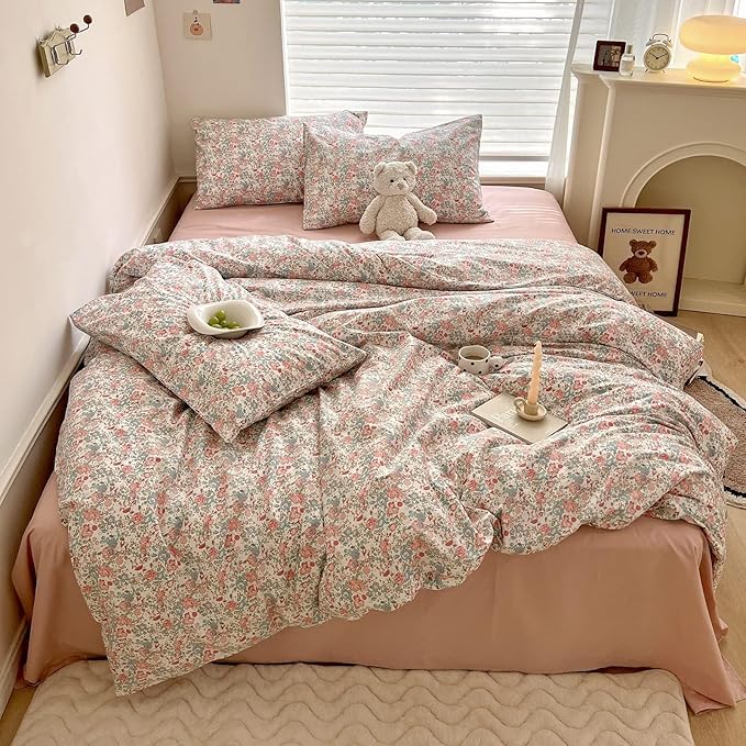 Boho Floral Duvet Cover Queen Soft Cotton Aesthetic Floral Bedding Sets French Style Pink Blue Flower Branches Duvet Cover Chic Shabby Garden Floral Comforter Cover Botanical Queen Size Bedding Sets