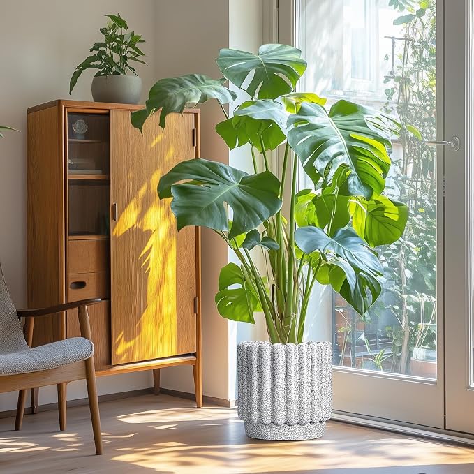 Ceramicfor Ceramic Planter for Indoor Plants - 12 Inch Plant Pot Indoor with Drainage Hole, Large Ceramic Flower Pots Outdoor, Fluted Round Planter, Home Decor, Gardening Gifts, Black and White