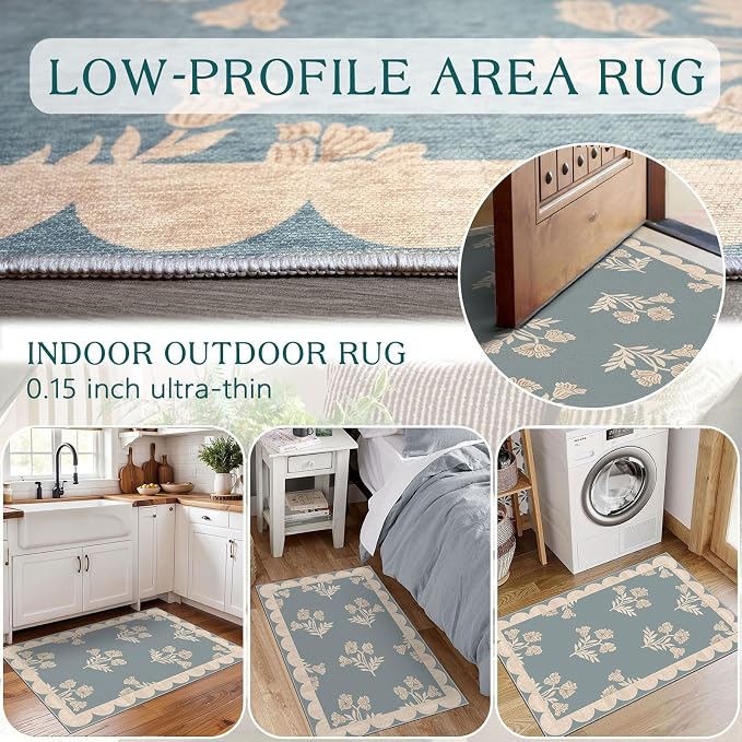 Front Door Mat Outside Entrance - 2x3 Floral Non-Slip Washable Doormat Indoor Outdoor Mat Blue Retro Farmhouse Scalloped Entry Rug Small Throw Rugs for Entryway Kitchen Front Porch Decor