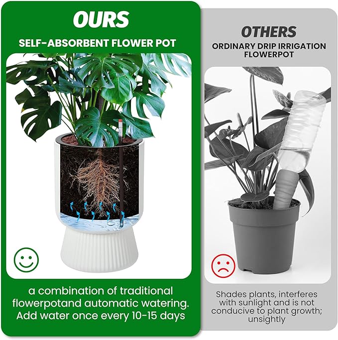 14.2" Tall Planters Set of 2, Plant Pots, Self Watering Pots for Indoor Plants, Flower Pots with Built-in Drainage and a Water Level Monitor, for Patio, Porch, Living Room, or Office, White