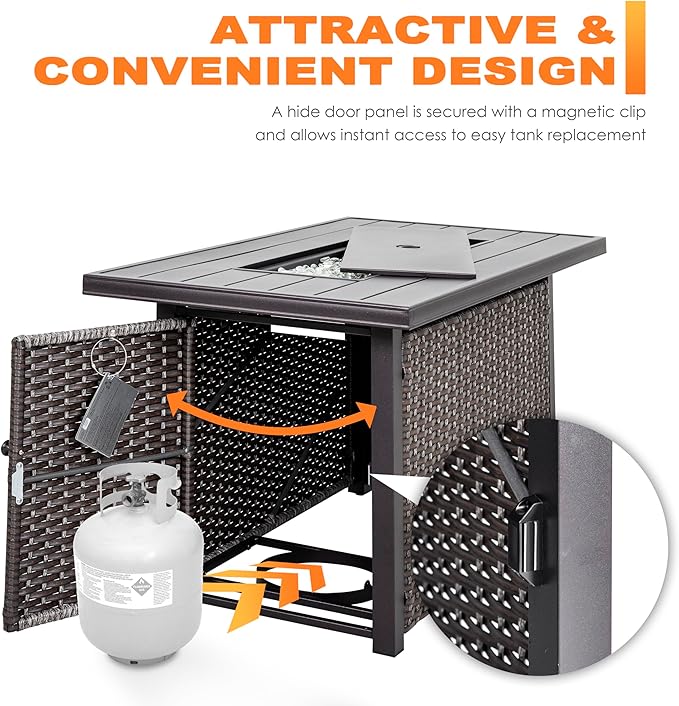 Nuu Garden Outdoor 43 Inch 50,000 BTU Propane Gas Fire Pit Table, Aluminum Tabletop and PE Rattan Weaved Steel Frame, Water-Proof Oxford Cover, Glass Fire Pit Wind Guard, Glass Beads, Lid, Dark Brown