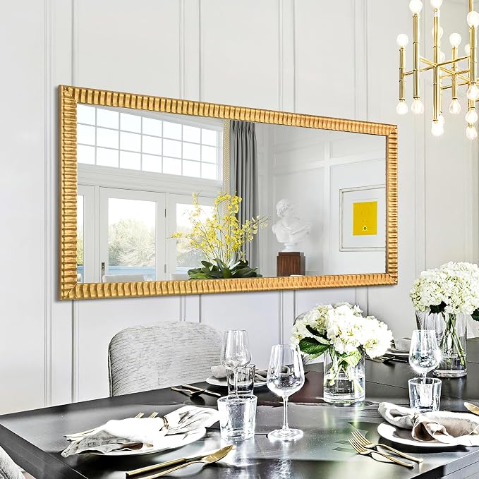 Chende 26" x 54" Large Wall Mirror for Decor, Gold Decorative Mirror with Wave Carved Wood Frame, Decoration for Dining Room, Bedroom, Hallway, Wall Mounted Wood Mirror
