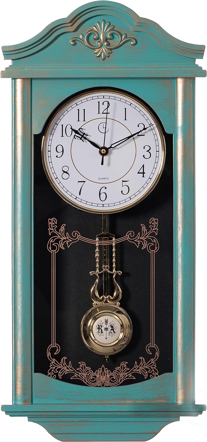 Clockswise Large Vintage Grandfather Wood- Looking Plastic Pendulum Wall Clock for Living Room, Kitchen, or Dining Room, (Large, Blue)