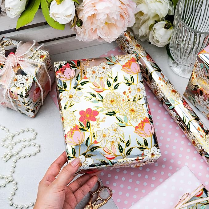 Yarcony Reversible Floral Wrapping Paper Roll, Bridal Shower Wrapping Paper, Colorful Flower Gift Wrap with Metallic Foil Shine for Birthday, Wedding, Mother's Day, Valentine's Day(17 Inch X 33 Feet)