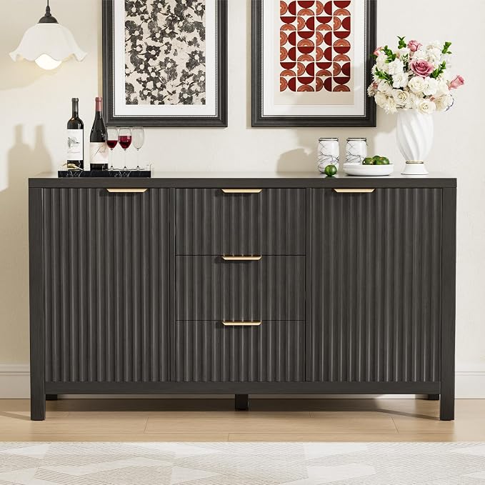 47.2" Fluted Sideboard Buffet Cabinet, Modern Black Credenza with 2 Drawers & 2 Doors, 3-Level Adjustable Shelves, Waterproof Top, Gold Handles, Kitchen Entryway Living Room Storage (Glossy Black)