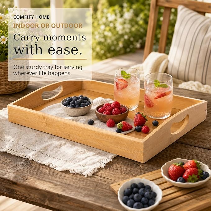 Comfify Bamboo Serving Trays – Set of 3 Ottoman Trays for Food, Entertaining, and Decor – Minimalist Design