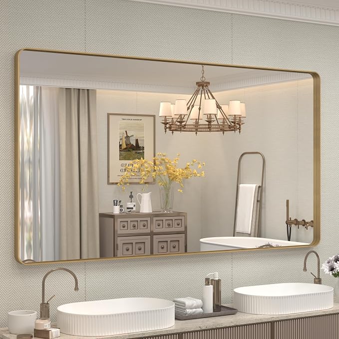 66x40 Gold Framed Mirror for Bathroom, Brushed Gold Brass Bathroom Mirror, Rectangle Gold Bathroom Vanity Mirror for Wall, Shatterproof, Anti-Rust, Hangs Horizontally or Vertically
