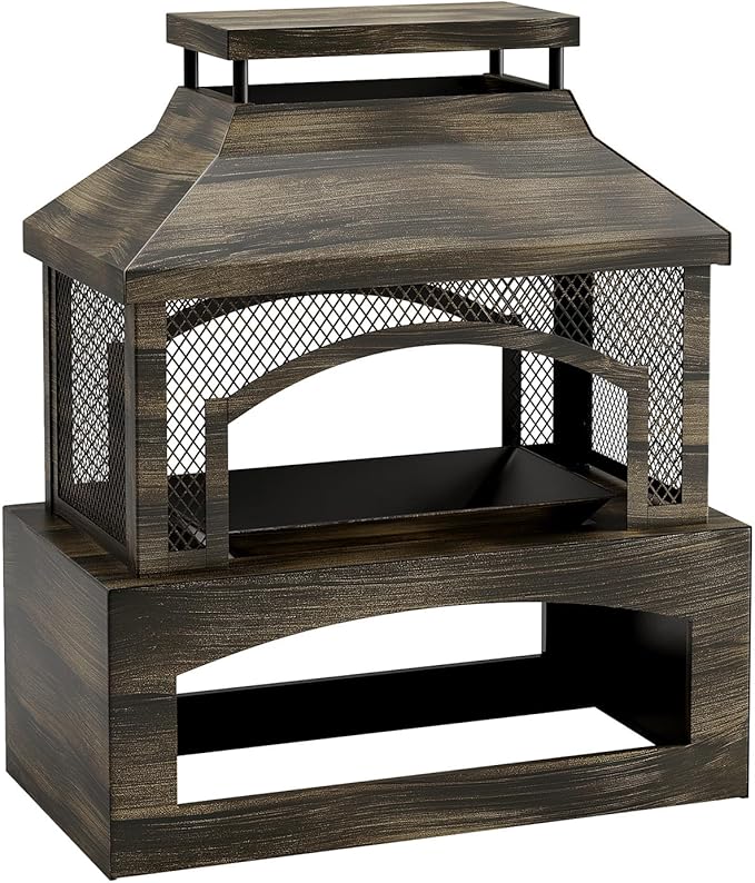 Bestier 37" Fire Pits, Outdoor Wood Burning Fireplace for Outside, Rectangular Chiminea Firepits with Poker, Wood Storage, Rain Cover and Removable Fire Grill for Patio, Garden, Backyard, Camping