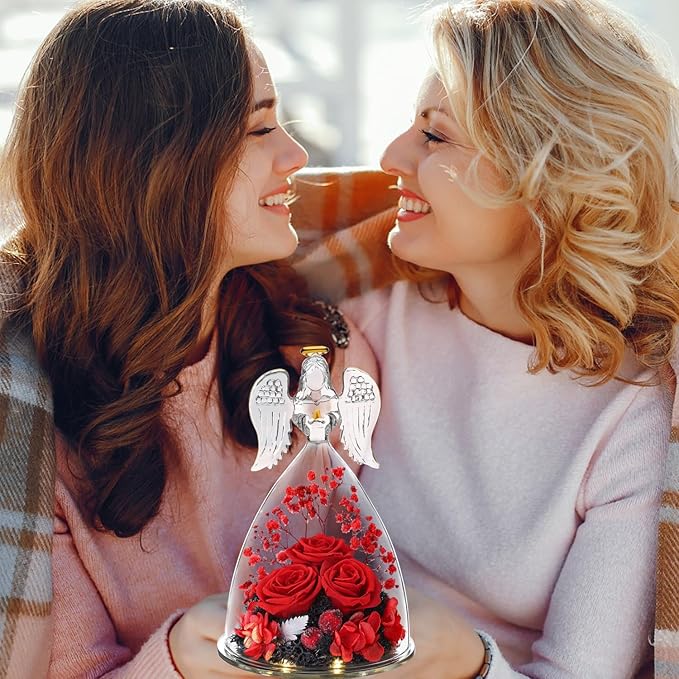 Christmas Angel Gifts for Women,Preserved Flowers Rose in Glass Angel Figurines Flowers for Delivery,Preserved Three Red Rose with Lights,Christmas Birthday Gifts for Grandma Mom Wife Her Sister