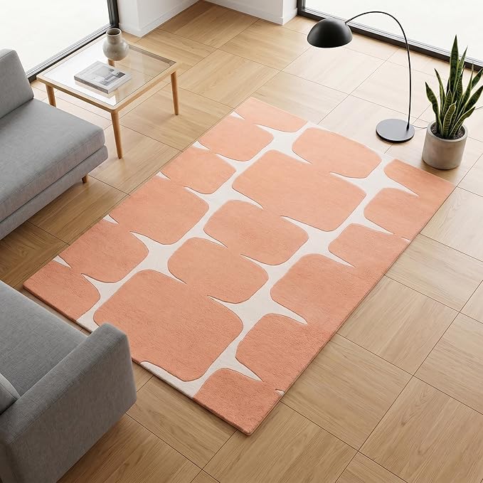 Restoration and Renovation Modern Wool Area Rug - Contemporary Abstract Geometric Design, Thick & Soft Hand-Tufted Carpet - Ideal for Indoor Decor in Living Room, Bedroom (Peach, 10' x 14')
