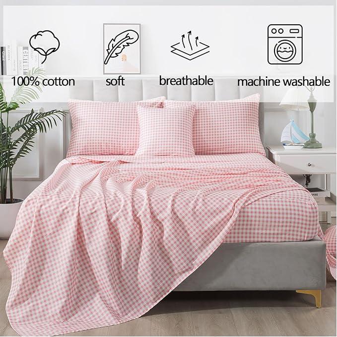 FADFAY Pink Plaid Twin Size Sheets 100% Cotton Geometric Checker Bedding Teens Grid White Gingham Pattern College Bedding Deep Pocket Sheets with 2 Pillowcases Ultra Soft 4pcs, Twin Size