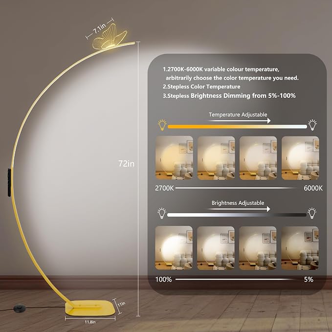 Modern Butterfly Arc Floor Lamp - Dimmable 2000 Lumens Arched Floor Lamp with Remote Control, 3 Color Modes & Foot Switch, Elegant Arc Floor Lamps for Living Room, Bedroom, Office Decor (Gold)