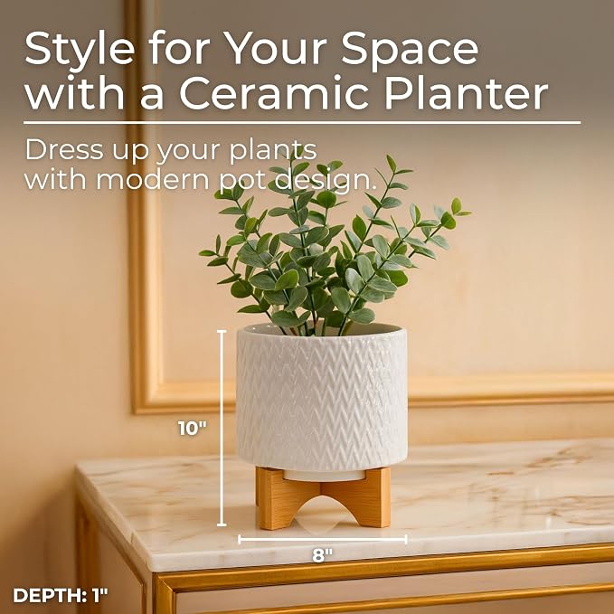 Modern Ceramic Planters with Wood Stand for Home Decor Elegant Flower Pots for Entryway, Garden, and Patio - Decorative Raised Container for Indoor and Outdoor Plants - 10", White & Tan