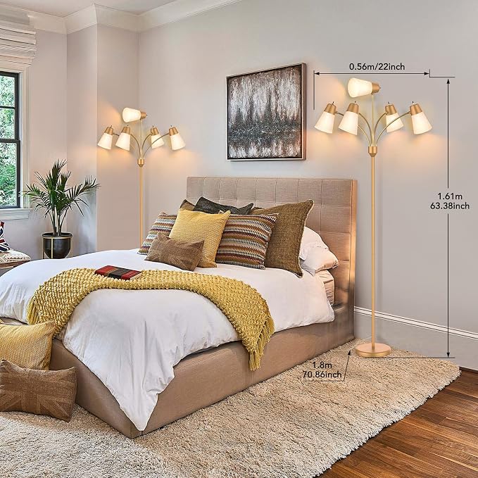 FOLKSMATE LED Floor Lamp, Medusa Multi Head Modern Tall Standing Lamps, Adjustable Corner Reading Floor Light for Living Room, Bedroom, Kids Room, White and Colored Lampshades, Brass Gold