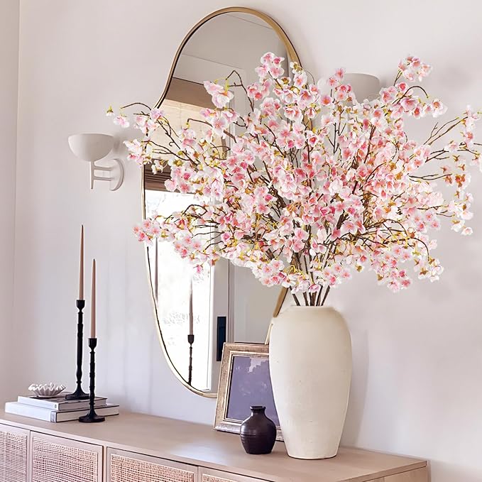12 Pcs Artificial Cherry Blossom Flowers 40" Faux Silk Cherry Blossom Stems Fake Real Touch Peach Branches for Wedding Home Garden Japanese Decor White Pink