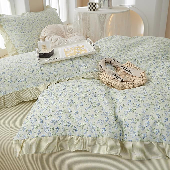 Ruffle Duvet Cover Queen Garden Style Lace Duvet Cover Soft Cotton Vintage Floral Blue Flower Bedding Set Romantic Ruffle Comforter Cover Princess Lace Bedding Botanical Comforter Cover Queen Size