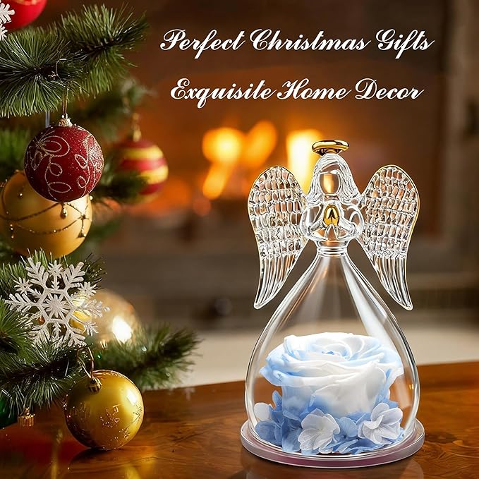 Sunia Preserved Flower Rose Gift for Women - Mother's Day Birthday Gifts for Mom Wife Grandma, Glass Angel Figurines Forever Real Roses Gifts for Her Valentine Day Thanksgiving﻿ (White Blue)