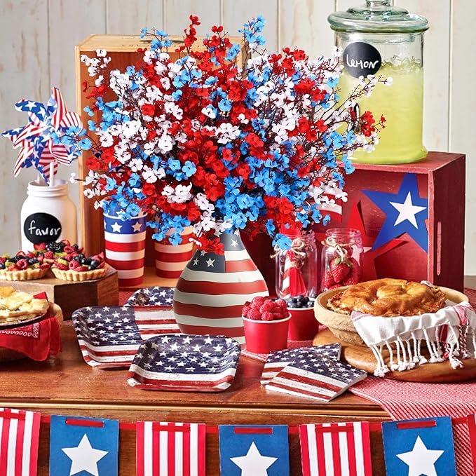 Yastouay 4th of July Artificial Flowers Decorations, 10 Pcs Red White and Blue Decorations, Fake Patriotic Babys Breath Flowers for Independence Day Decor Floral Arrangement