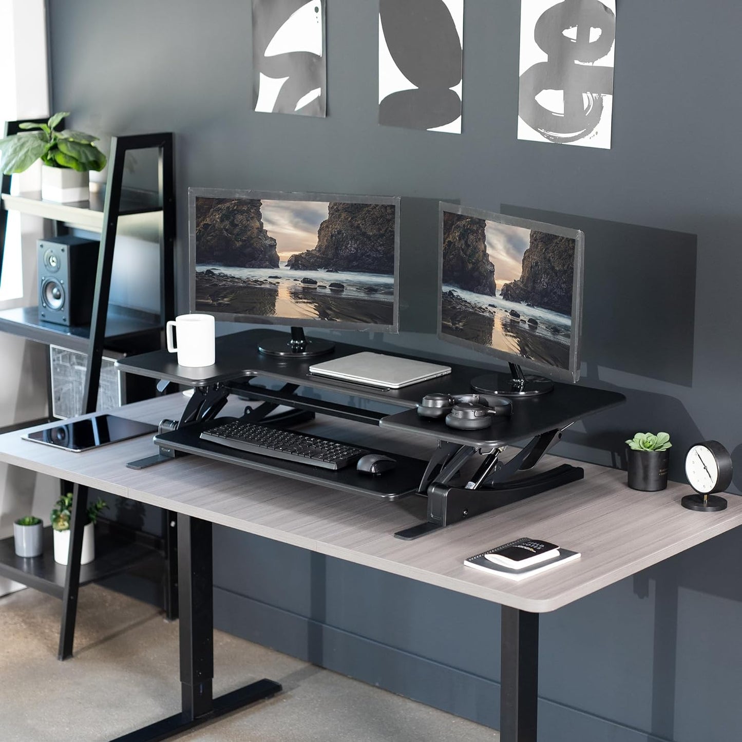 VIVO Height Adjustable Stand Up Desk Converter - 48 Inch Dual Monitor Riser Workstation, Black | V Series
