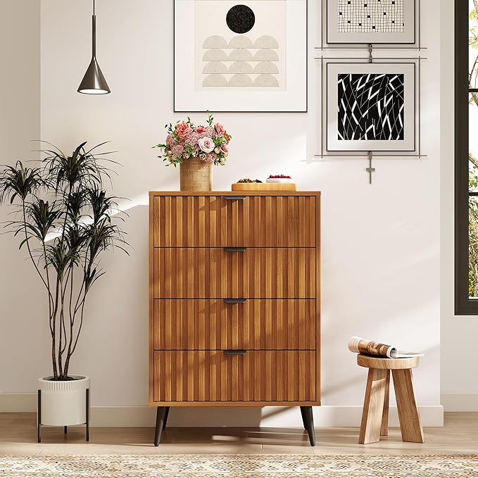 Fluted Dresser for Bedroom with 4 Drawers, 24'' Wide Modern Dresser with Metal Handle, Natural Wood Dressers Organizer with Blister Drawers for Bedroom, Brown