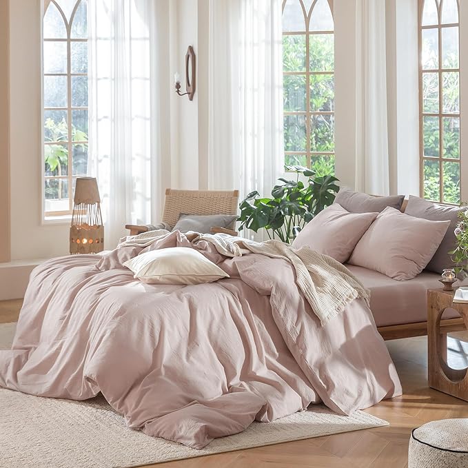 MooMee Bedding Duvet Cover Set 100% Washed Cotton Linen Like Textured Breathable Durable Soft Comfy (Heathered Greyish Pink, Twin 68"x90")