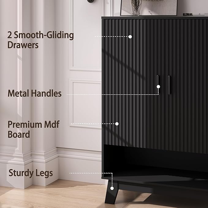 BOXACTION 4-Tier Fluted Shoe Cabinet with 2 Doors & Open Shelf, Mid Century Modern Shoe Storage Organizer with Adjustable Shelves, Metal Handles & Wood Legs, Hidden Shoe Rack for Entryway, Hallway