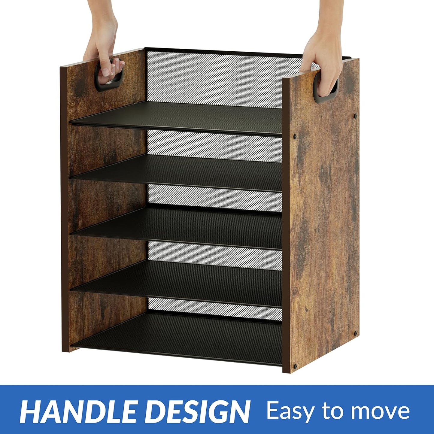 5 Tier Wood Paper Organizer - Metal Office Organizer with Handle | Mesh File Holder for Home & School