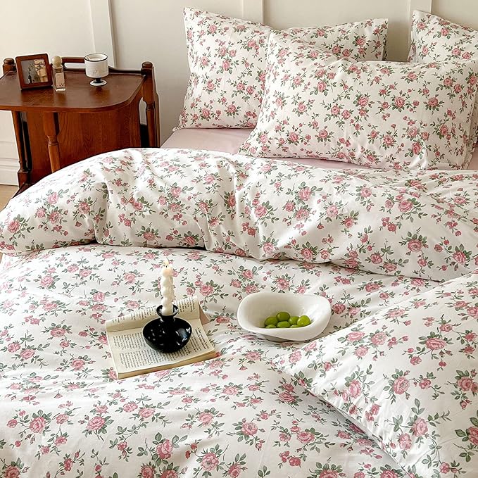 Pink Floral Duvet Cover Queen Soft Cotton Girls Cottagecore Bedding Set Botanical Peach Flower Comforter Cover with Zipper Closure Vintage Country Bedding Aesthetic Duvet Cover with 2 Pillowcases