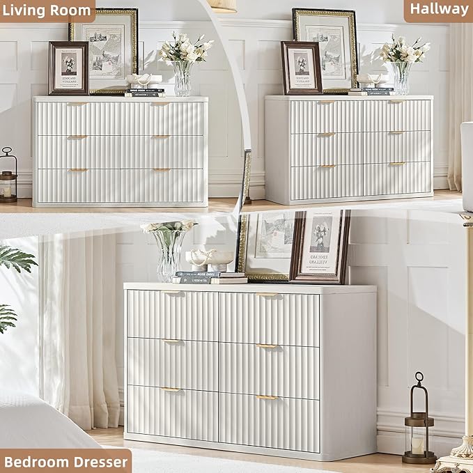 LEYAOYAO Fluted 6 Drawers Dresser Set of 2, 48" Wide Modern Chest of Drawers with Wood Grain Top, Curved Profile Design, Dresser TV Stand, Wooden Drawer Organizer for Bedroom, Living Room, White