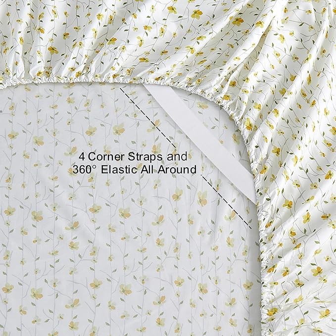 Softan Yellow Floral Bed Sheets Full Flower Printed Sheets - Patterned Microfiber Fitted Sheets Full with 15" Deep Pocket & Non-Slip Straps, Cute Flower Sheets & Pillowcase Set