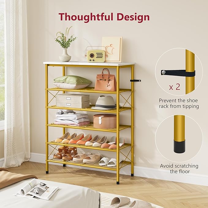 Tajsoon 6 Tier Shoe Rack Organizer for 20-24 Pairs of Shoes, Metal Mesh Shoe Shelf for Closet, Industrial Shoe Rack for Entryway Shoe Storage with X Shape Fixed Frame, White & Gold