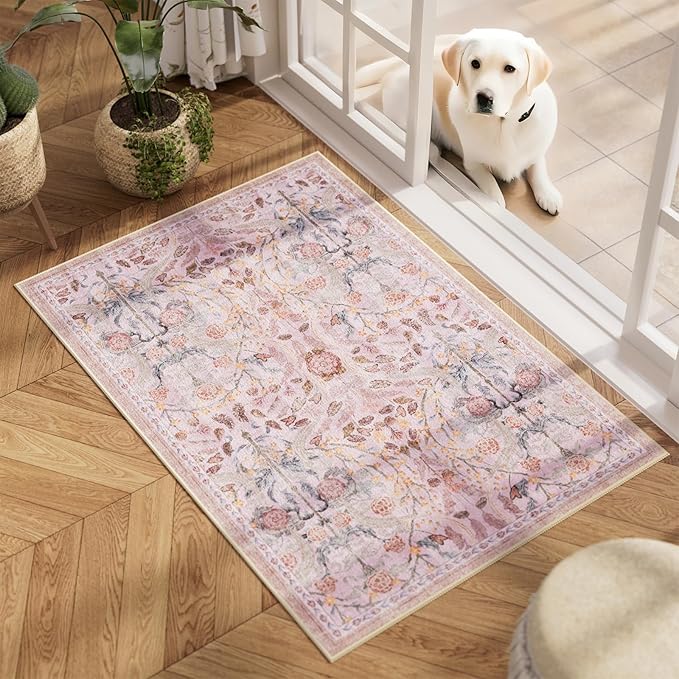 AMTOVO 2x3 Washable Entryway Area Rug Door Mat, Vintage Boho Floral Distressed Print Non-Slip Carpet, Small Throw Rug for Indoor Entrance Kitchen Bedroom Bathroom Laundry Floor, Pink