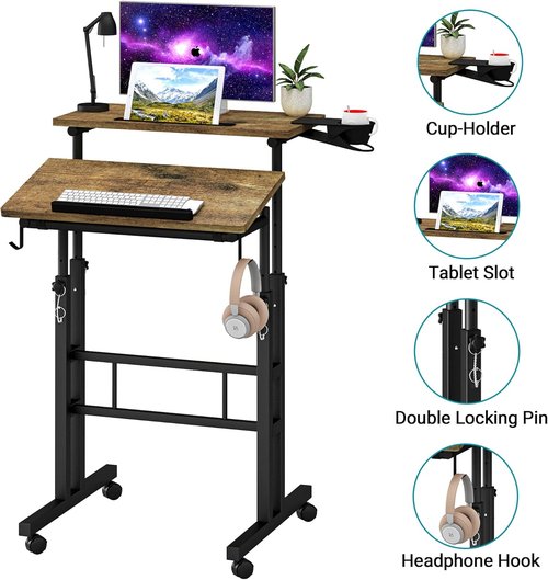 Klvied Rolling Mobile Desk - Portable Adjustable Height Stand-Up Desk on Wheels for Home Office | Oak Finish