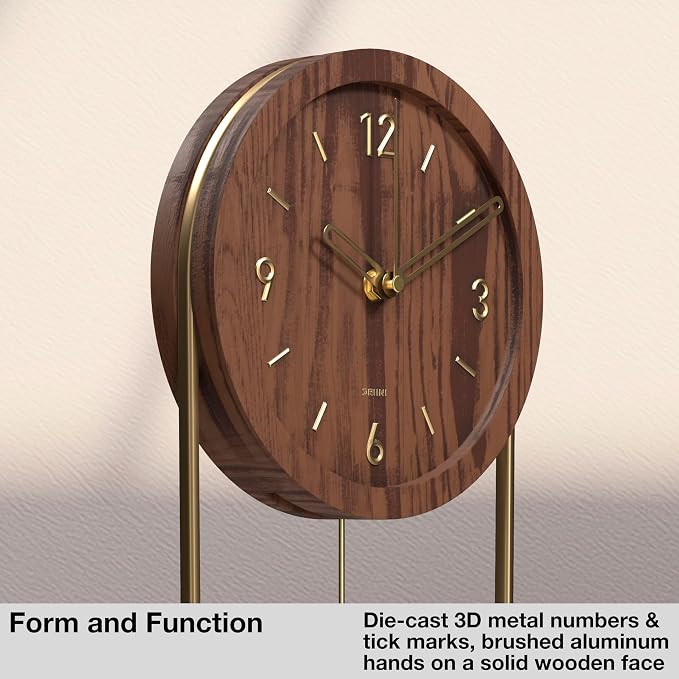 Driini Decorative Wall Clock with Pendulum (Walnut) – Modern Wood, 3D Gold Numbers, Metal Frame – Small, Unique Wall Clocks for Living Room Decor or Bathroom - Battery Operated, Silent, Non-Ticking