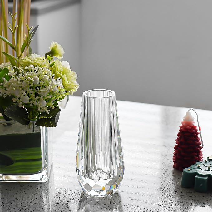 Kitcom Small Flower/Bud Crystal Vase Decorative Vases for Home or Wedding, Outline Dimensions W2.8''xH6', Clear with Gift Box