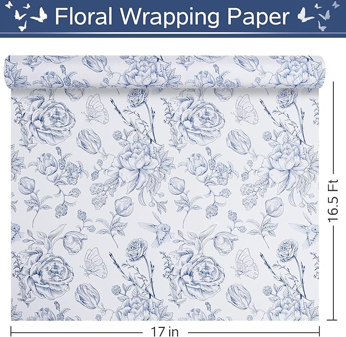 RayofSun Blue Floral Wrapping Paper Roll 17 in x 16.5 ft Mini Roll Vintage Toile Flower Gift Wrap Paper for All Occasion Wedding Birthday Bridal Shower Party Baby Shower Christmas