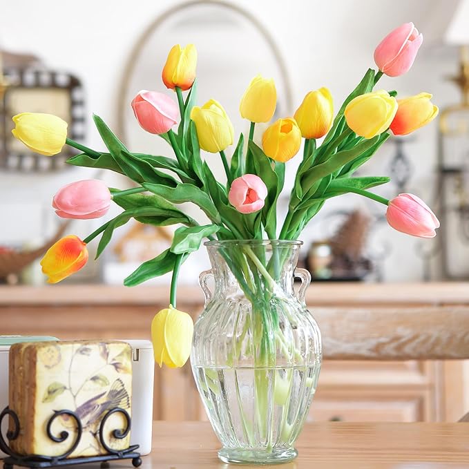 FiveSeasonStuff 15 Stems Real Touch Artificial Tulips – Lifelike Faux Flowers for Home, Weddings, Gifts & Spring Floral Décor (Festive Bloom – Orange, Yellow, Pink)