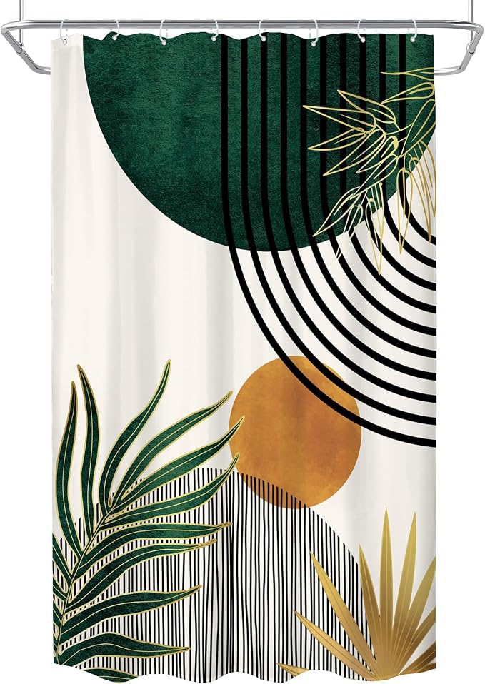 KOMLLEX Mid Century Green Boho Shower Curtain 48Wx72L Inches Abstract Modern Shower Curtains for Bathroom Decor Plant Botanical Minimalist Leaf Arch Sun Fabric Liner Waterproof Polyester 12 Pack Hooks